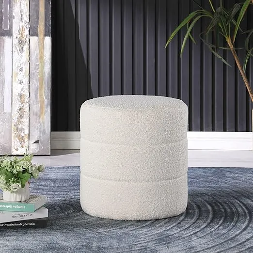 HomePop Upholstered Round Ottoman Home Décor|Foot Rest Ottoman - Cream Boucle 17.5 * 17.5 inch