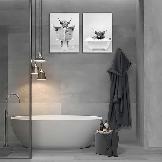 Framed 2 Pieces Bathroom Wall Art Funny Highland Cow Canvas Cow in Bathtub prints Cute Animal Abstract Prints Modern Home Décor Pictures for Bathroom Humor Animals Poster Rustic Farmhouse Decoration 12"x16"x2