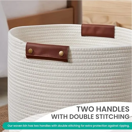 Large Cotton Rope Laundry Hamper Woven Basket with Leather Handles, Storage Basket for Toys, Blanket, Throws, Pillows and Towels - 16 x 18, Cream