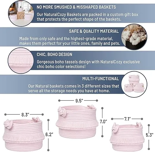 NaturalCozy 3-Piece Boho Decor Storage Basket Set – Cotton Rope Woven Baskets for Organizing! Small Basket for Baby Stuff, Baby Shower, Gift Basket, Nursery Baby Basket, Planter, Toy Basket, Shelves