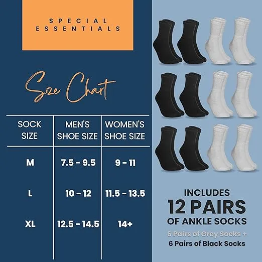 Special Essentials 12 Pairs Cotton Diabetic Ankle Socks - Non-Binding With Extra Wide Top For Men and Women