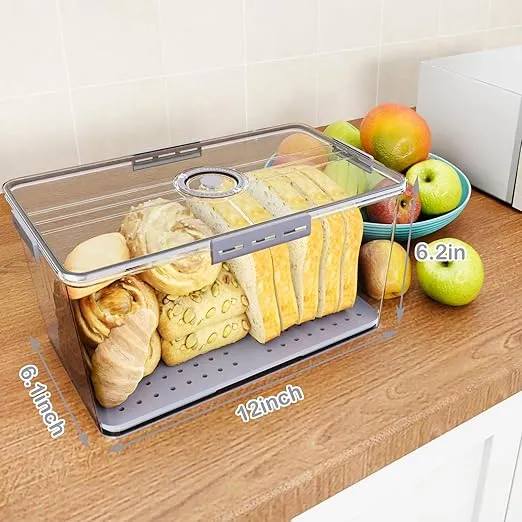 Bread Box for Kitchen Counter Airtight with Bread Bag & Tongs, Bread Storage Container with Time Recording Lid for Homemade Bread, Bread Keeper for Loaf, Toast, Bagel, Donut, Bread Saver Holder (Grey)