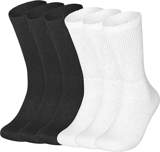 Special Essentials 6 Pairs Non-Binding Cotton Diabetic Crew Socks With Extra Wide Top For Men and Women