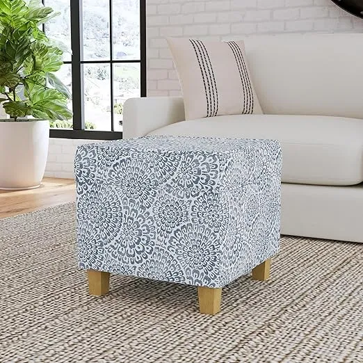 HomePop Home Decor Classic Square Storage Ottoman with Lift Off Lid | Ottoman with Storage for Living Room & Bedroom, Blue and Cream Modern Floral