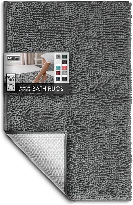 Hearth & Harbor Bathroom Rugs, Chenille Bath Mat - Machine Washable Bath Mats for Bathroom Non-Slip Backing Rubber, Quick Dry Bathroom Mat - Grey Bath Rug, 20x32