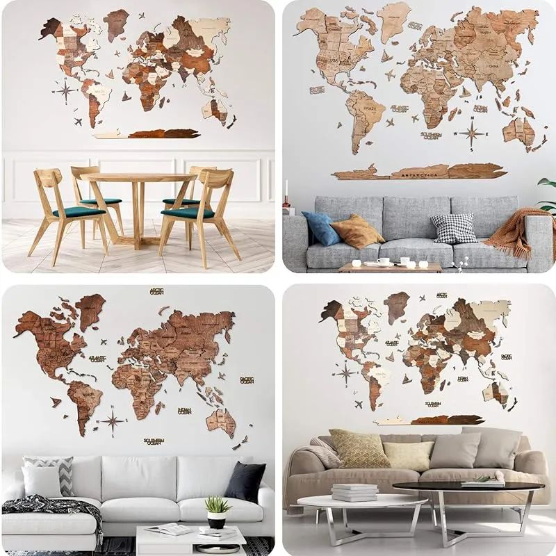 ENJOY THE WOOD 3D Wood World Map Wall Art Large Wood Wall Décor Housewarming Gift Idea Wood Wall Art World Travel Map For Home & Kitchen or Office (M, Multicolored)
