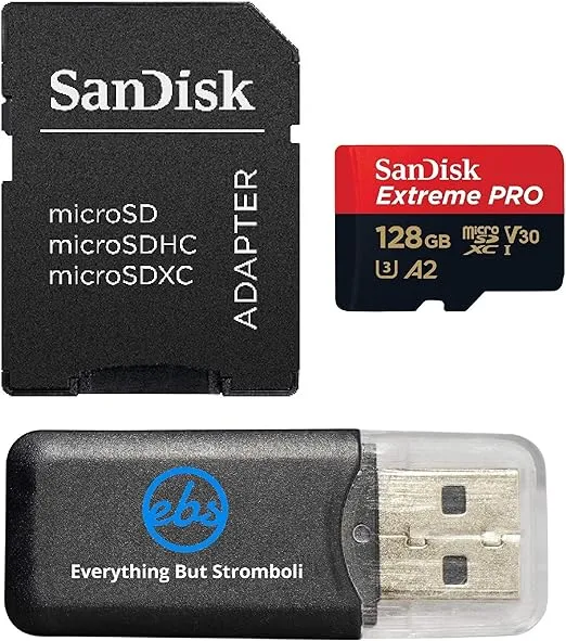 SanDisk 128GB Micro SDXC Memory Card Extreme Pro Works with Insta360 One X, Insta360 EVO Action Camera U3 V30 4K A2 (SDSQXCY-128G-GN6MA) Bundle with (1) Everything But Stromboli MicroSD Card Reader
