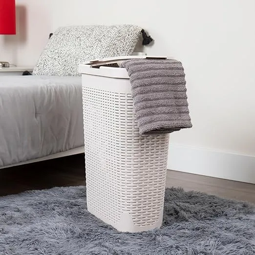Mind Reader 40L Slim Laundry Hamper, Clothes Basket, Lid, Wicker Design, Plastic, 18"L x 10.4"W x 23.5"H, Ivory