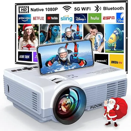 Projector with WiFi and Bluetooth, FUDONI 5G WiFi Native 1080P Projector 14000L 4K Supported, Portable Movie Outdoor Projector for Home Theater, Compatible w HDMI/USB/TV Stick/Laptop/iOS Android Phone