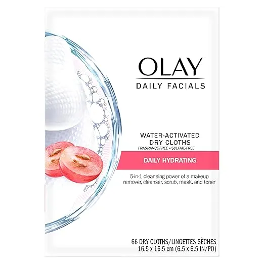 Olay Daily Facials, Daily Clean Makeup Removing Facial Cleansing Wipes, 5-in-1 Water Activated Cloths, Exfoliates, Tones and Hydrates Skin, 66 count