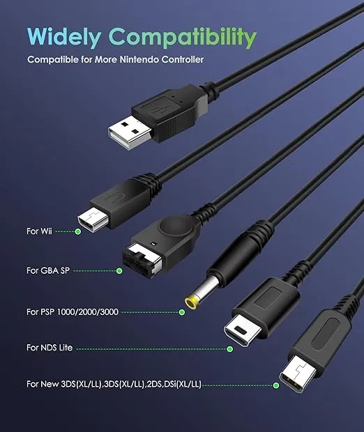 5 in 1 USB Charger Cable for Nintendo DS Lite/ Wii U/ New 3DS (XL/LL), 3DS (XL/LL), 2DS, DSi (XL/LL) ,NDS/Gameboy Advance SP, PSP 1000 2000 3000, Multi-Functional USB Charging Cord with Cable Tie
