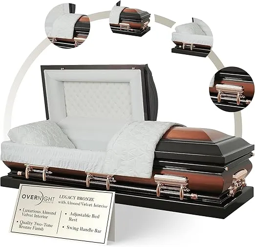Overnight Caskets Legacy Metal Funeral Casket Bronze with Almond Velvet Interior - Premium 18-Gauge Steel - Fully Appointed Adult Casket - Coffin Featuring Velvet Interior Lining w/Pillow & Throw Set