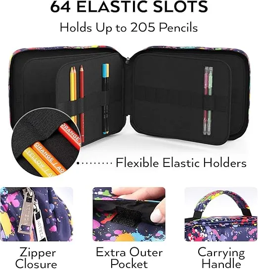 Arteza Pencil Case Organizer, 64 Elastic Slots, Paint Splatter Pattern, Large Capacity, Holds Up to 205 Pencils, Pens, and Markers