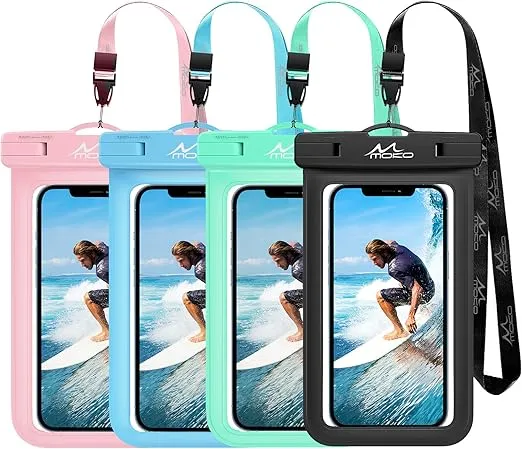MoKo Waterproof Phone Pouch Holder 4Pack, Underwater Phone Case Dry Bag with Lanyard Compatible with iPhone 14 13 12 11 Pro Max X/Xr/Xs Max/SE 3, Samsung S21/S10/S9, Black+MintGreen+Pink+SkyBlue