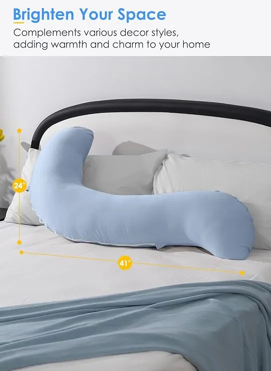QUEEN ROSE Cooling Body Pillow, Full Body Support Pillow for Side Sleepers, Soft S Shaped Hug Pillow for Adults, with Removable Pillowcase, Blue
