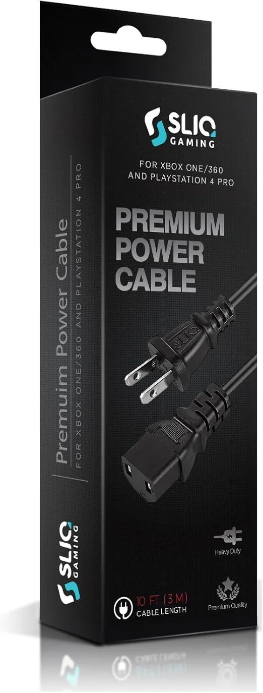 Sliq Gaming 2 Prong Power Cable/Cord - for Xbox One Original, Xbox 360, PlayStation 3 & PS4 Slim/Pro (10 Feet)