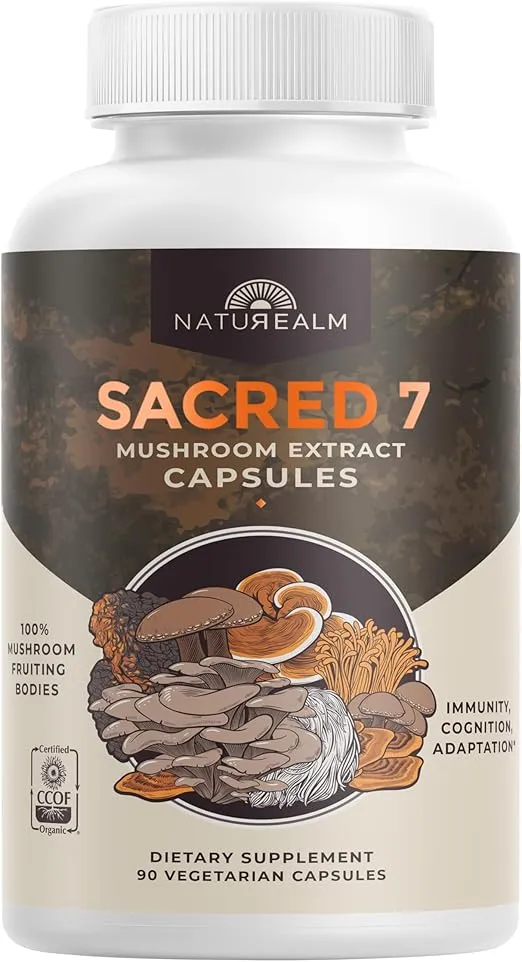 Naturealm - Sacred 7 Mushroom Extract Capsules - Lion’s Mane, Cordyceps, Reishi, Turkey Tail, Chaga, Maitake, and Shiitake - 100 Percent Fruiting Bodies, 30-Day Supply