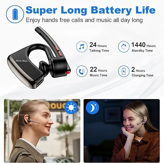 New bee Bluetooth Earpiece V5.2 Wireless Bluetooth Headset 24Hrs Talktime CVC8.0 Dual Mic Noise Cancelling for iPhone/Android/Driver/Business/Office(Black)