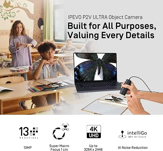 IPEVO P2V Ultra 4K/13MP Object Camera with Full Package, 1cm Super Macro Focus, Handheld, Doc Cam, Built-in Mic with AI Noise Reduction, for Close-up Demo, Teaching, Presentation & Online Meeting