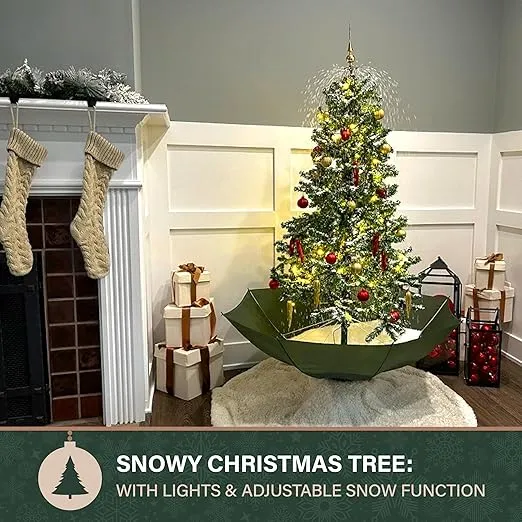 Fraser Hill Farm 67-inch Musical Prelit Snowing Christmas Tree with Green Umbrella Base, Unique Indoor Christmas Decoration with Music and Lights for Living Room, Foyer