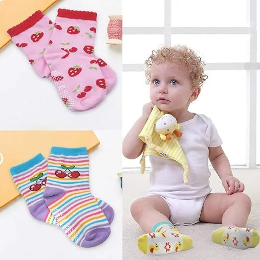 Tphon 12 Pairs Toddler Non Skid Socks with Grips Anti Slip Bottom, Cotton Non Slip Ankle Crew Socks for Boys, Girls, Kids(1-7Years)