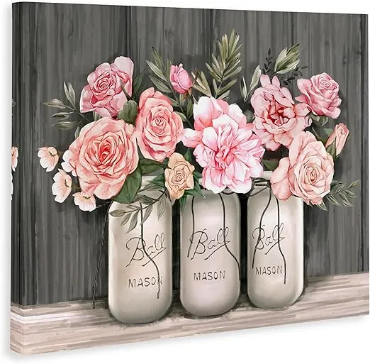 Stupell Industries Blossoming Pink Rose Bouquets Rustic Country Jars, Designed by Ziwei Li Canvas Wall Art, Grey 24x30