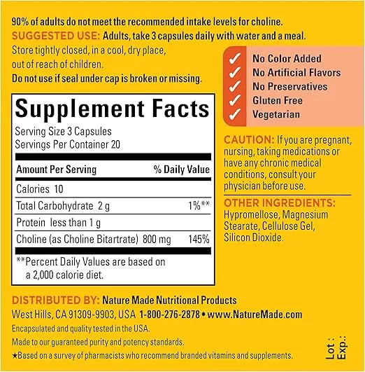 Nature Made Extra Strength Dosage Choline Supplements 800 Mg Per 3 Capsules, Brain Health, Mood, Muscle & Liver Support, Vegetarian, 60 Capsules, 20 Day Supply