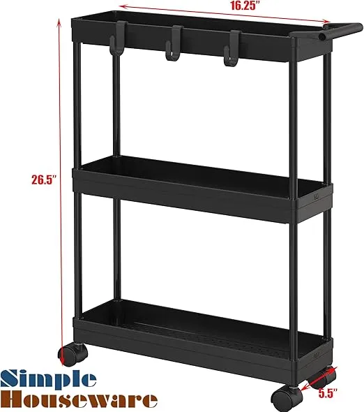 Simple Houseware 3-Tier Slim/Super Narrow Kitchen Cart with Handle, Hooks and Storage with Shelves, Black