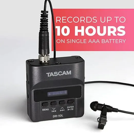 TASCAM Micro Portable Digital Audio Recorder with Lavalier Microphone, AV recording, interview recording 24-Bit/48 kHz BWAV File Format, Black (DR-10L)