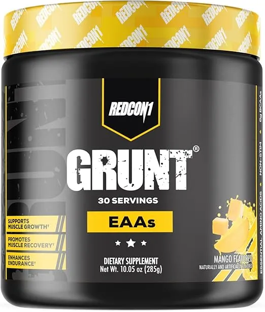 REDCON1 Grunt EAAs, Mango - Sugar Free, Keto Friendly Essential Amino Acids - Post Workout Powder Containing 9 Amino Acids to Help Train, Recover, Repeat (30 Servings)