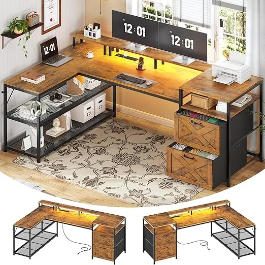 SEDETA 67" L Shaped Desk with Drawers, Computer Office Desk with Storage Shelves & Power Outlet, Reversible Gaming Desk with LED Lights for Home Office, Rustic Brown