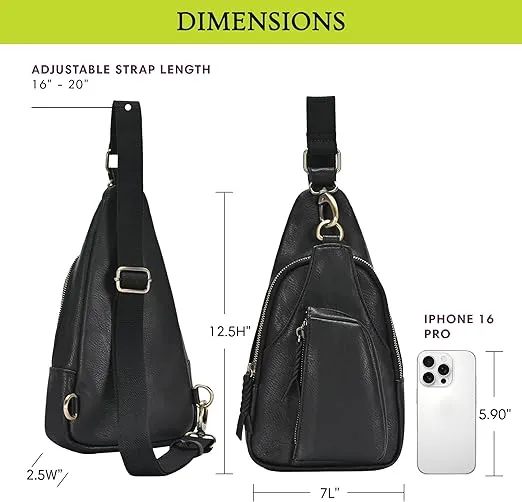 Antik Kraft- The Tasha Crossbody Sling (Black) | Vegan Leather Crossbody Bag for Women with 16-20" Strap | Sling Bags for Women with Durable Antique Brass Hardware | 7in x 2.5in x 12.5in |