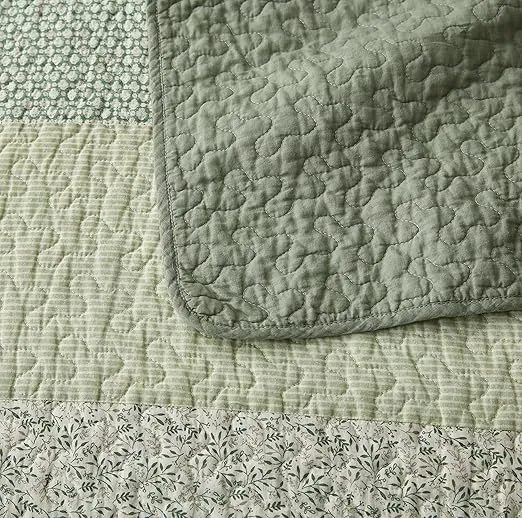 Chezmoi Collection Reed 3-Piece Chic Patchwork Striped Quilt Set - Green Floral Coverlet - Pre-Washed Cotton Lightweight Reversible Bedspread, King Size