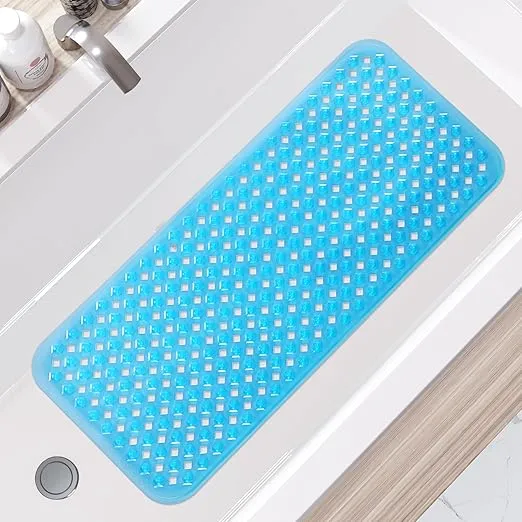 Yimobra Bathtub Mat Non Slip, 34.5x15.5 Inch Long Shower Mat with Drain Holes Suction Cups, Bath Mats for Inside Shower, Machine Washable, BPA, Latex, Phthalate Free, Clean Blue