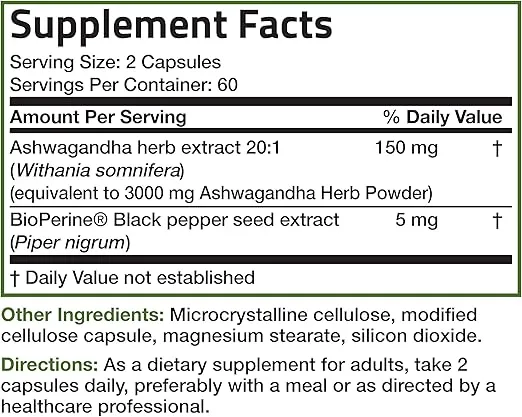 Bronson Ashwagandha Extra Strength Stress & Mood Support with BioPerine - Non GMO Formula, 120 Vegetarian Capsules