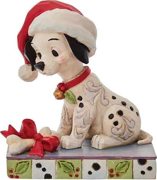 Enesco Jim Shore Disney Traditions 101 Dalmatians Lucky Christmas Santa Hat Figurine, 4 Inch, Multicolor