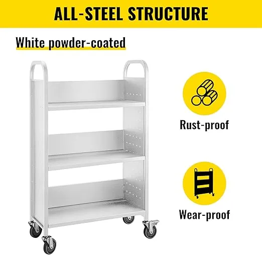 VEVOR Book Cart, 200lbs Library Cart, Single Sided L-Shaped 30x14x49 Inch Rolling Book Cart with 4 Inch Lockable Wheels, for Home Shelves Office and School Book Truck in White