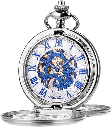 ManChDa Mechanical Roman Numerals Dial Skeleton Pocket Watches with Box and Chains for Mens Women