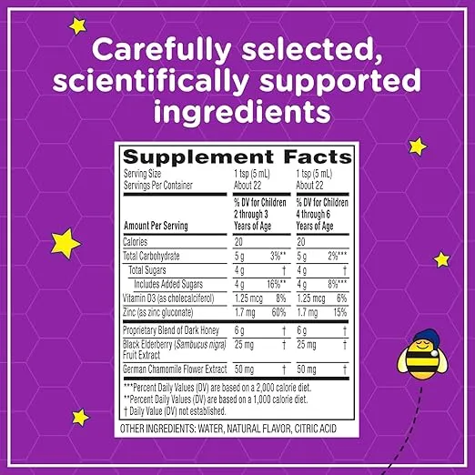 Zarbee's Kids Cough + Immune Nighttime for Children 2-6 with Dark Honey, Vitamin D & Zinc, #1 Pediatrician Recommended, Drug & Alcohol-Free, Mixed Berry Flavor, 4FL Oz
