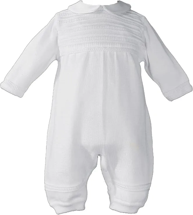 Boys Knit White Christening Baptism Coverall