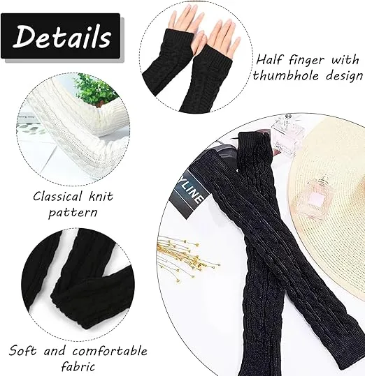 Arm Sleeve Winter Warmer, Fingerless Stretchy Gloves Knitted Long Arm Warmers with Thumb Hole for Women