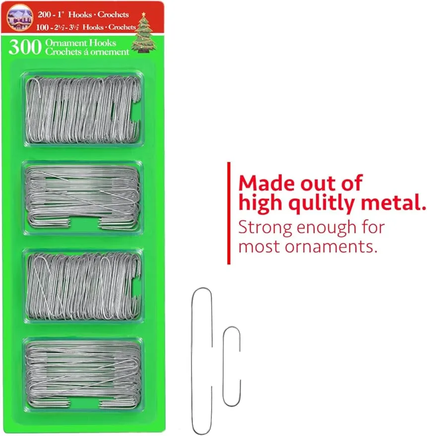 R’ND’s 300 Pack Ornament Hooks Christmas Tree Decorating Hangers- Metal Wire Ornament Hooks for Christmas Tree Decoration Hanging (Silver)