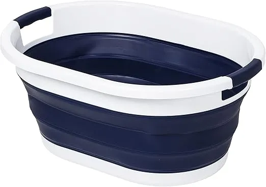 Honey-Can-Do Honey Can Do Set of 2 Collapsible Rubber Laundry Baskets With Handles, Navy Blue & White HMP-09827 Navy Blue