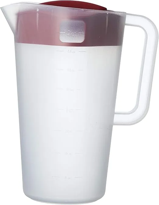 Goodcook 10659 1/2 Gallon Plastic Straining Pitcher Square Lid with 3 Strainers and Close No Spill, Dishwasher Safe, Clear and Red