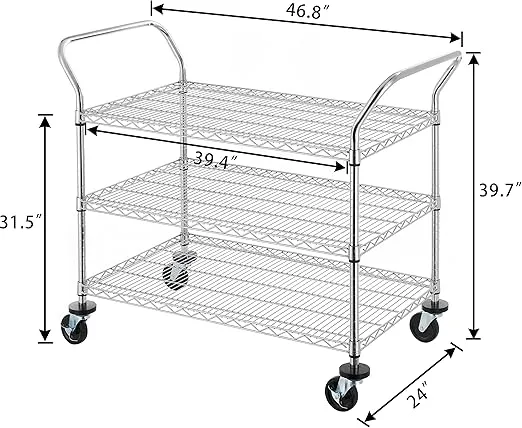 Finnhomy 3-Tier Commercial Grade Rolling Cart, Heavy Duty Utility Cart, Carts with Wheels and Handles, Kitchen Cart on Wheels, Metal Serving Cart with 600 lbs Capacity, Shelf Size 24" D x 40" W, NSF