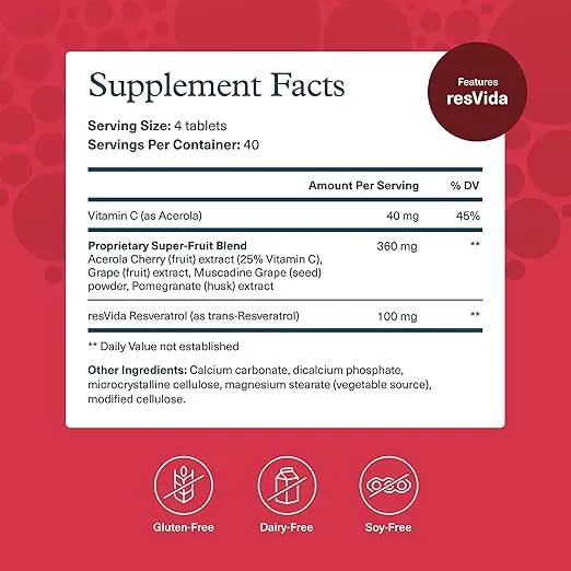 Youtheory Resveratrol Advanced Antioxidant Formula - Premium Antioxidant Supplement with Super-Fruit Blend - Contains ResVida - Dairy, Soy & Gluten Free - 160 Tablets