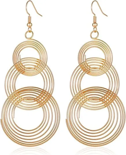 Multi Circles Earrings for Women Handmade 14K Gold Silver Plated Lightweight Long 70S Triple Round Swirl Link Dangle Drop Disco Earrings Accessories Jewelry Gifts