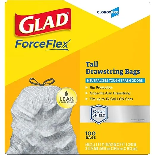 Glad Trash Bags, ForceFlex Tall Kitchen Drawstring Garbage Bags, Clorox 13 Gallon Trash Bags for Tall Trash Can, Industrial Cleaning, Unscented, 100 Count - 70427