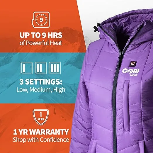 Victoria Women’s Long Puffer Heated Jacket - 9 hrs of Heat | 5 Heat Zones | with Battery & Charger | Machine Washable | All Day Warmth | L Plum