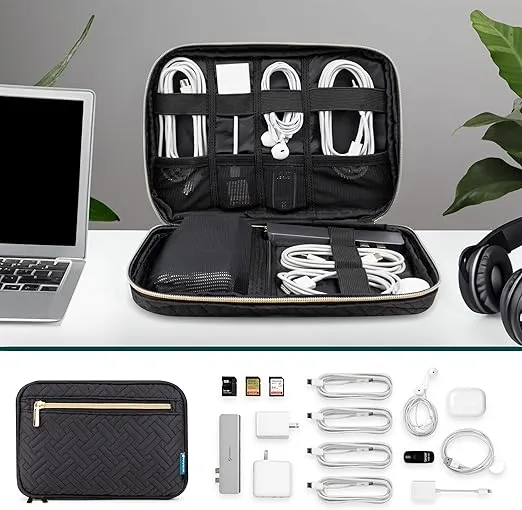 PAVILIA Travel Cord Organizer, Electronic Organizer Travel Case, Tech Organizer Travel Case, Cable Organizer Travel Storage, Small Charger Cord Bag Pouch, Travel Accessories Tech Gift Men, Black Quilt